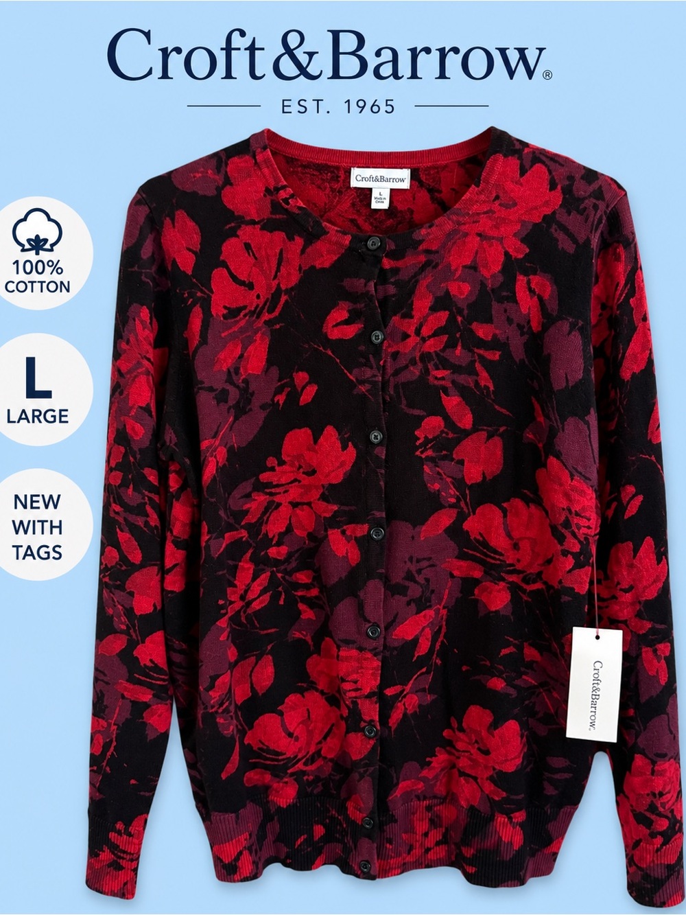 Croft & Barrow Black and Red Floral Button-Up Cardigan NWT